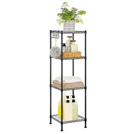 Songmics Home - 4-Tier Bathroom Shelf, Storage Rack for Small Space, with 4 PP Shelf Liners, Removable Hook, Extendable Design - Ink Black and Translucent