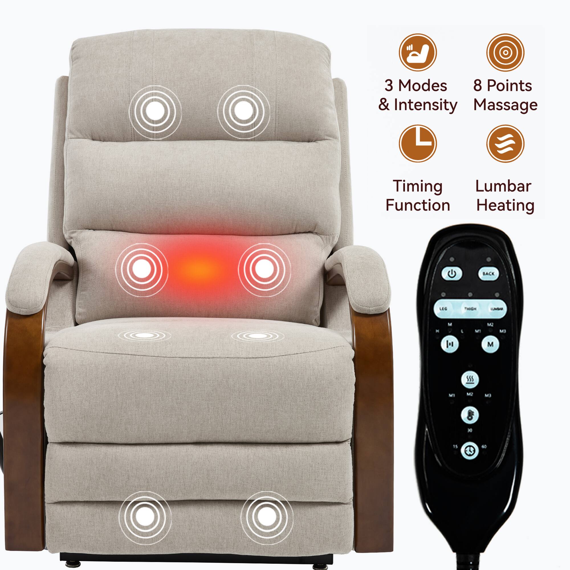 3 Modes & Intensity  
8 Points Massage  
Timing Function  
Lumbar Heating