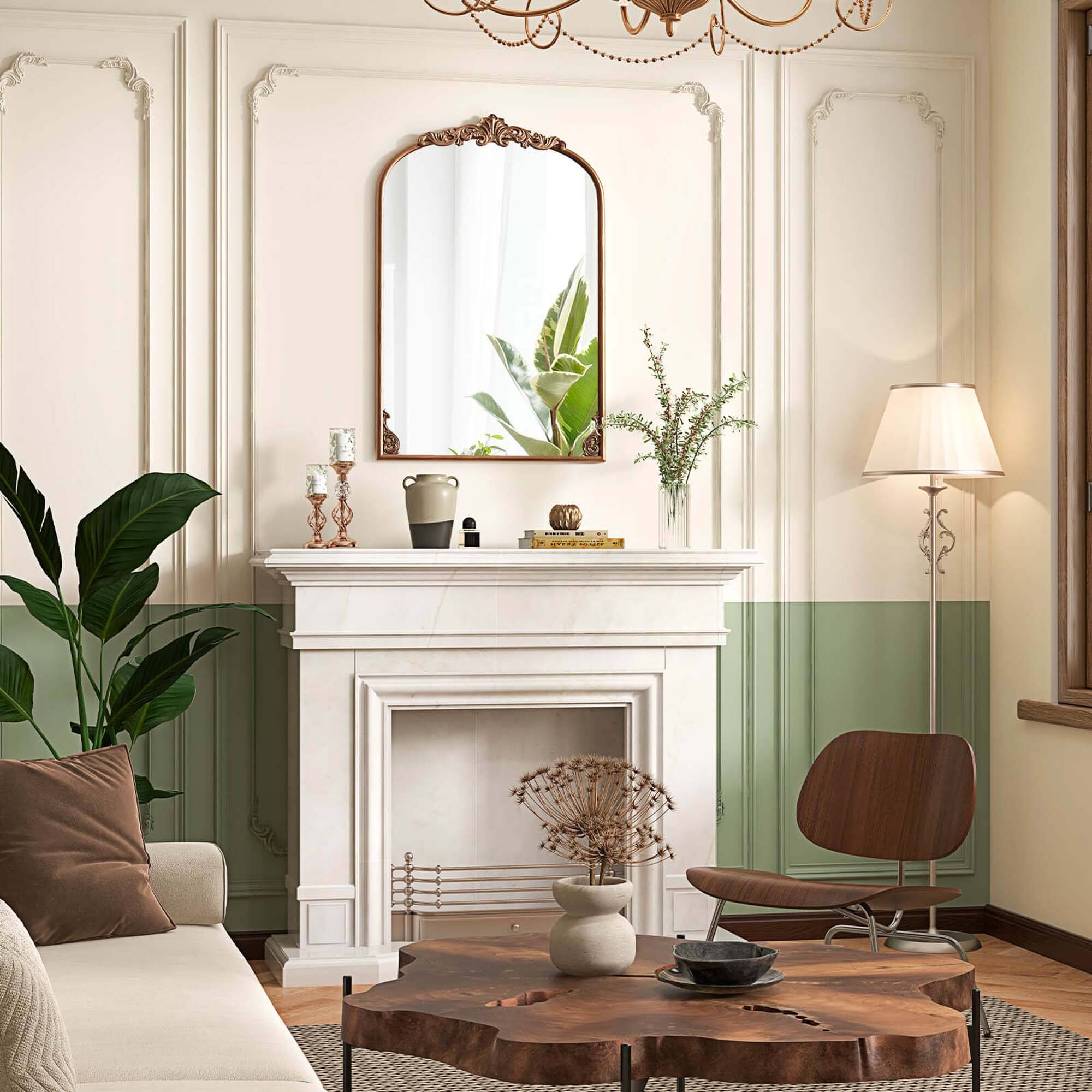 Alt View 3. Costway - Costway 36" x 24" Gold Traditional Vintage Ornate Baroque Arched Mirror for Wall with Metal Frame - Gold.