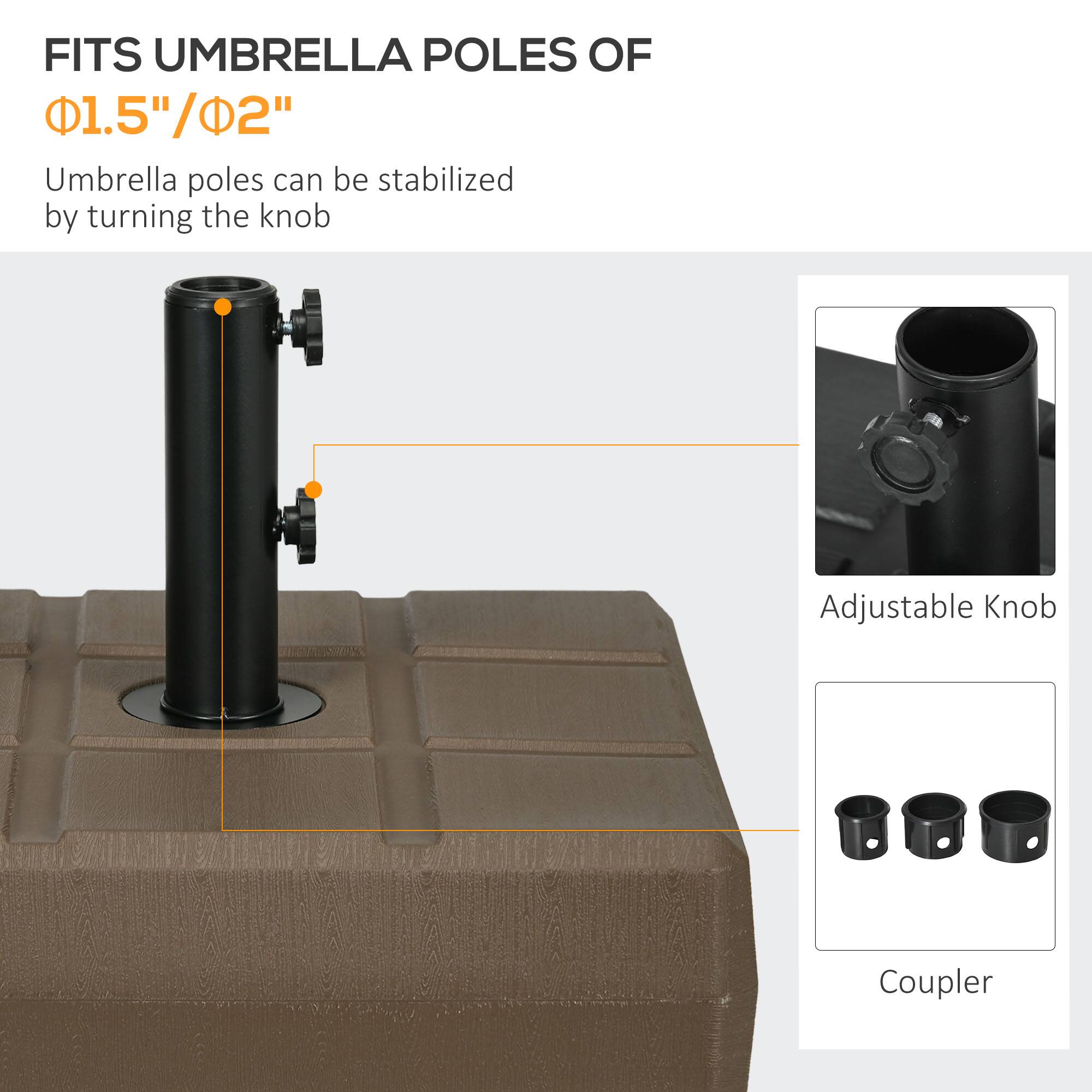 FITS UMBRELLA POLES OF  
Φ1.5"/Φ2"  

Umbrella poles can be stabilized by turning the knob  

Adjustable Knob  
Coupler