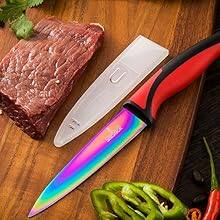 Back. SiliSlick - Rainbow Titanium-Coated Stainless Steel Kitchen Knife Set - Red Handle.