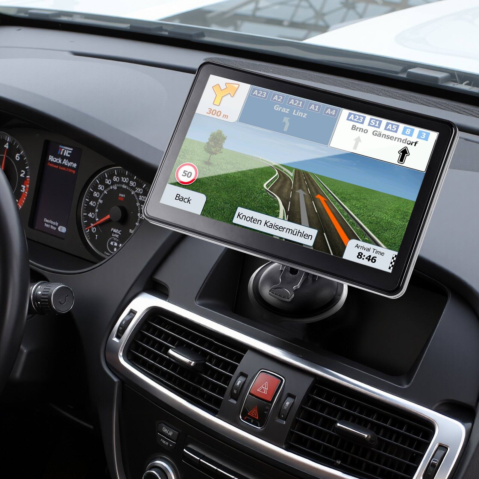 Sure, here is the corrected and grouped text from the image:

---

**Dashboard:**
- TIC
- Rick Alvine
- Back Knoten Kaiserwihlen
- Arrival Time 8:46

**Speedometer:**
- 50 km/h

**Navigation Screen:**
- A23 A2 A21 A1 A4
- Graz Linz
- A23 S1 A5 8 3
- Brno Gänserndorf
- Back Knoten Kaiserwihlen
- Arrival Time 8:46

**Speed Limit:**
- 50

**Other:**
- 300 m

---