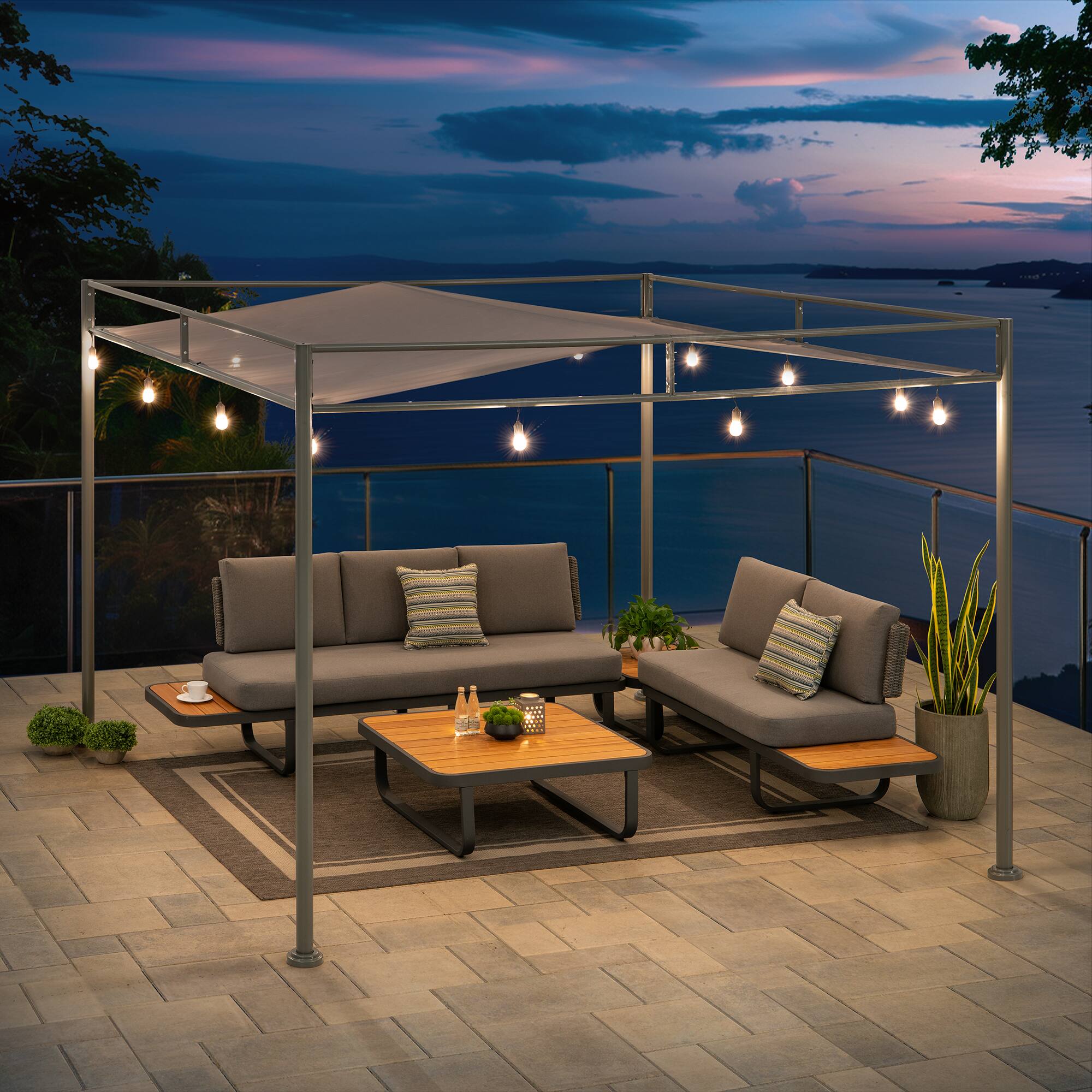 Alt View 3. SUNJOY - SUNJOY 10' x 10' Lean-to Pergola with Sun Shade, Gray Sling Fabric, Metal Patio Pergola for Garden, Yard & Deck.