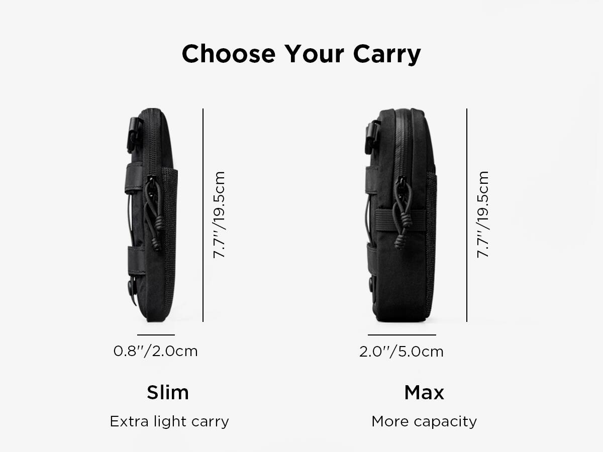 Choose Your Carry

7.7"/19.5cm

0.8"/2.0cm

Slim
Extra light carry

2.0"/5.0cm

Max
More capacity