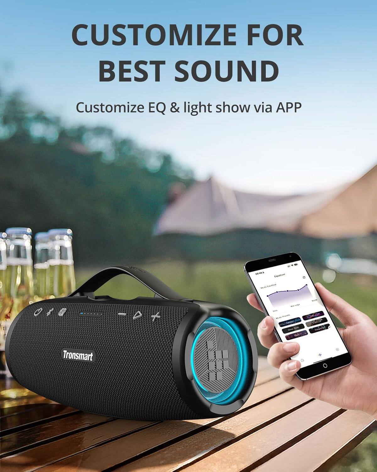 CUSTOMIZE FOR BEST SOUND Customize EQ & light show via APP S5 Tronsmart speaker -