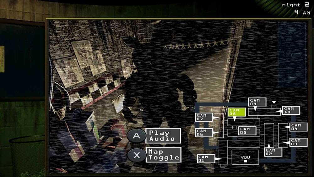 The text on the image can be grouped and corrected as follows:

1. "night 2 4 AM CAM ? CAM 08 CAM PO CAM 1D" - This is a time reference, indicating that the image was taken at 2:40 AM.
2. "Play Audio Map X Toggle CAM 06 CAM 01 CAM 05" - This refers to the audio and camera settings in the game.
3. "YOU CAM 02 CAM 04 CAM ED" - This is a reference to the player's current camera position and angle in the game.

The corrected text would be:

"The image was taken at 2:40 AM. The audio and camera settings are set to Play Audio Map X Toggle CAM 06 CAM 01 CAM 05. The player's current camera position and angle are CAM 02 CAM 04 CAM ED."