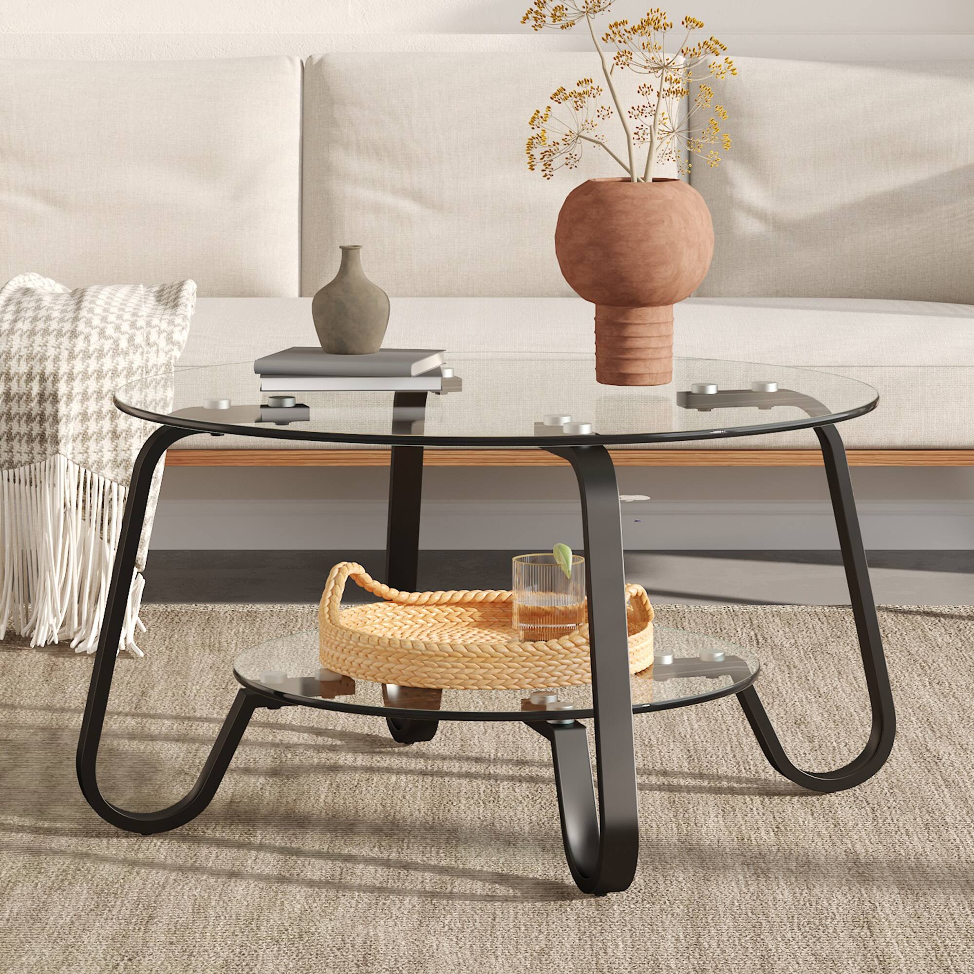 Left. Loheer - Loheer- Tempered Glass Coffee Table 2-Tier Metal Frame Retro Minimalist Center Table for Living Room 2.6x2.6x1.5 ft - Black.
