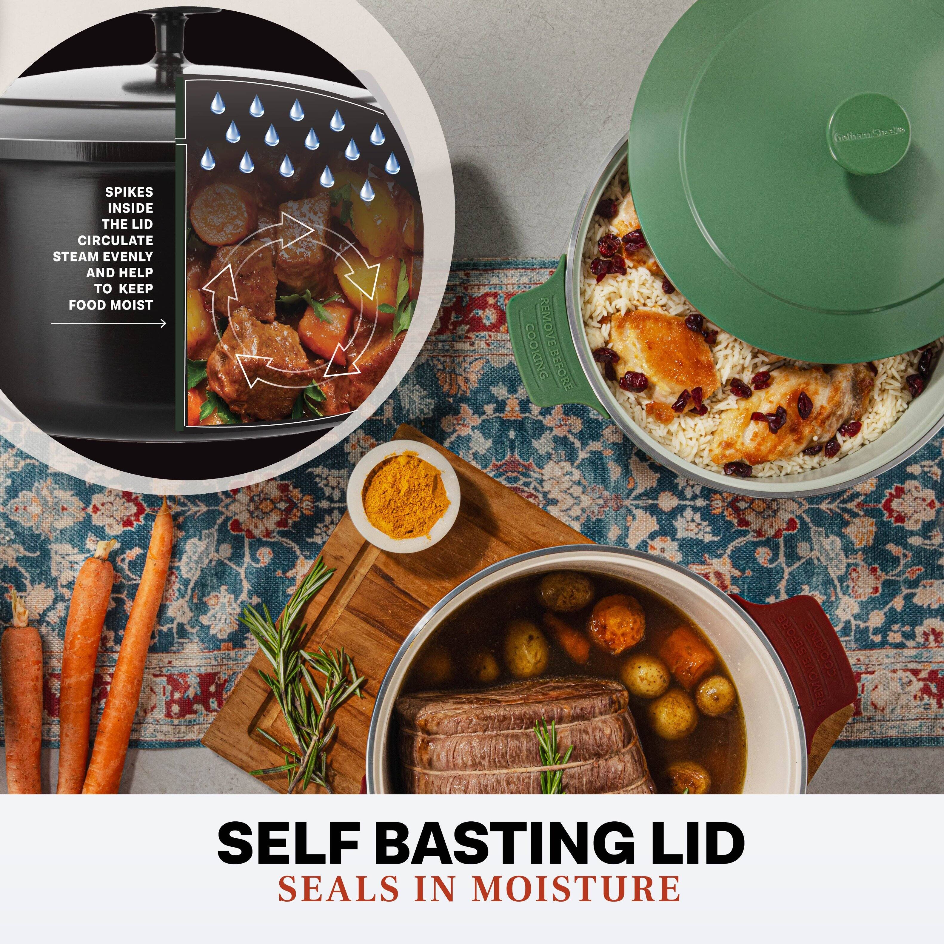 SPIKES INSIDE THE LID CIRCULATE STEAM EVENLY AND HELP TO KEEP FOOD MOIST

SELF BASTING LID
SEALS IN MOISTURE