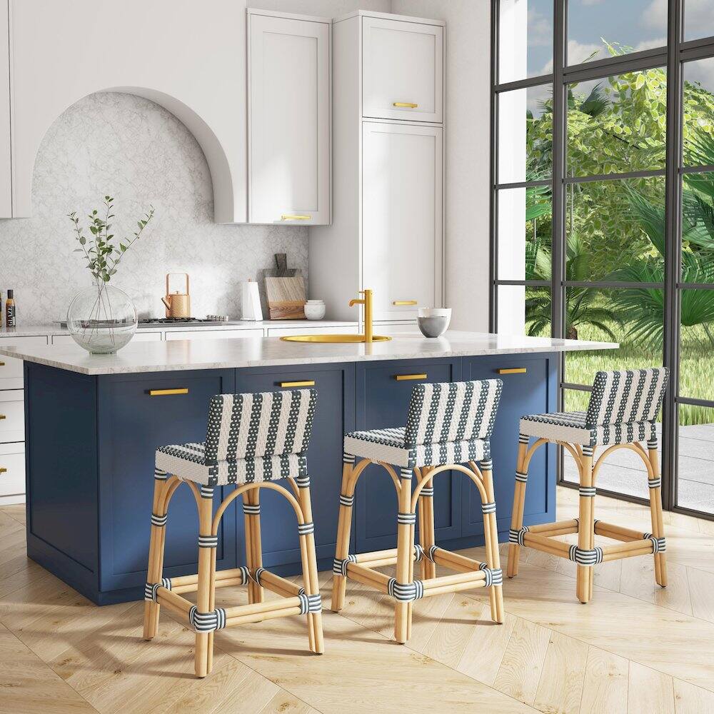 Alt View 7. Butler Specialty - Serienna Rectangular Rattan Low Back 24.5" Counter Stool - White And Navy Stripe.