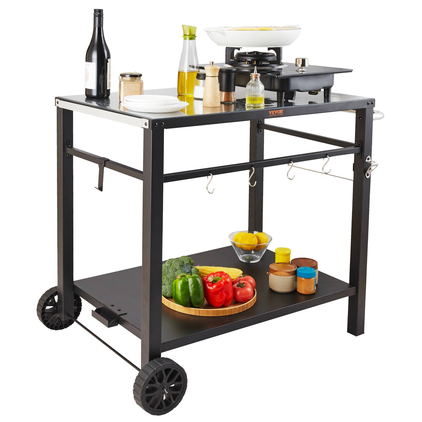Alt View 5. VEVOR - Outdoor Grill Dining Cart with Double-Shelf, BBQ Movable Food Prep Table, Multifunctional Iron Table Top - Black.