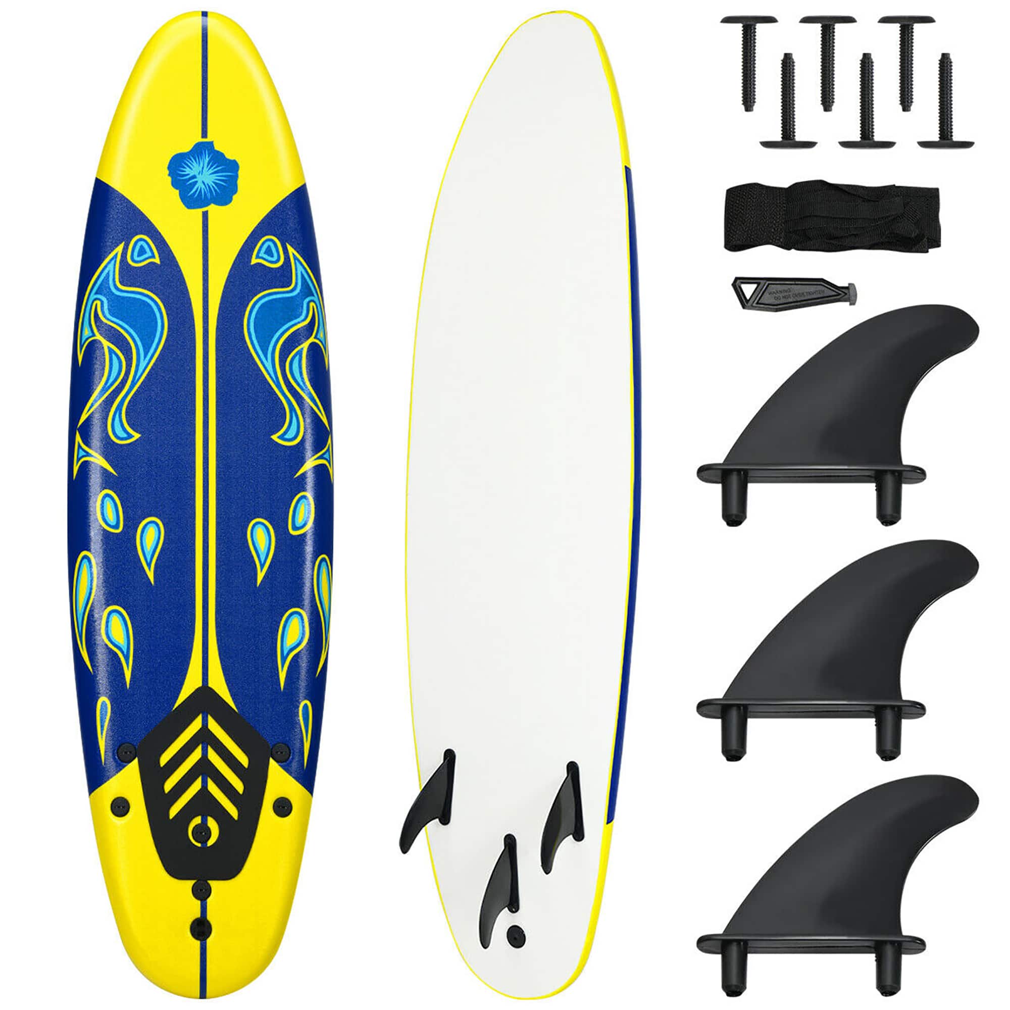 Costway - 6' Surfboard Foamie Body Surfing Board W/3 Fins & Leash for Kids Adults - Yellow