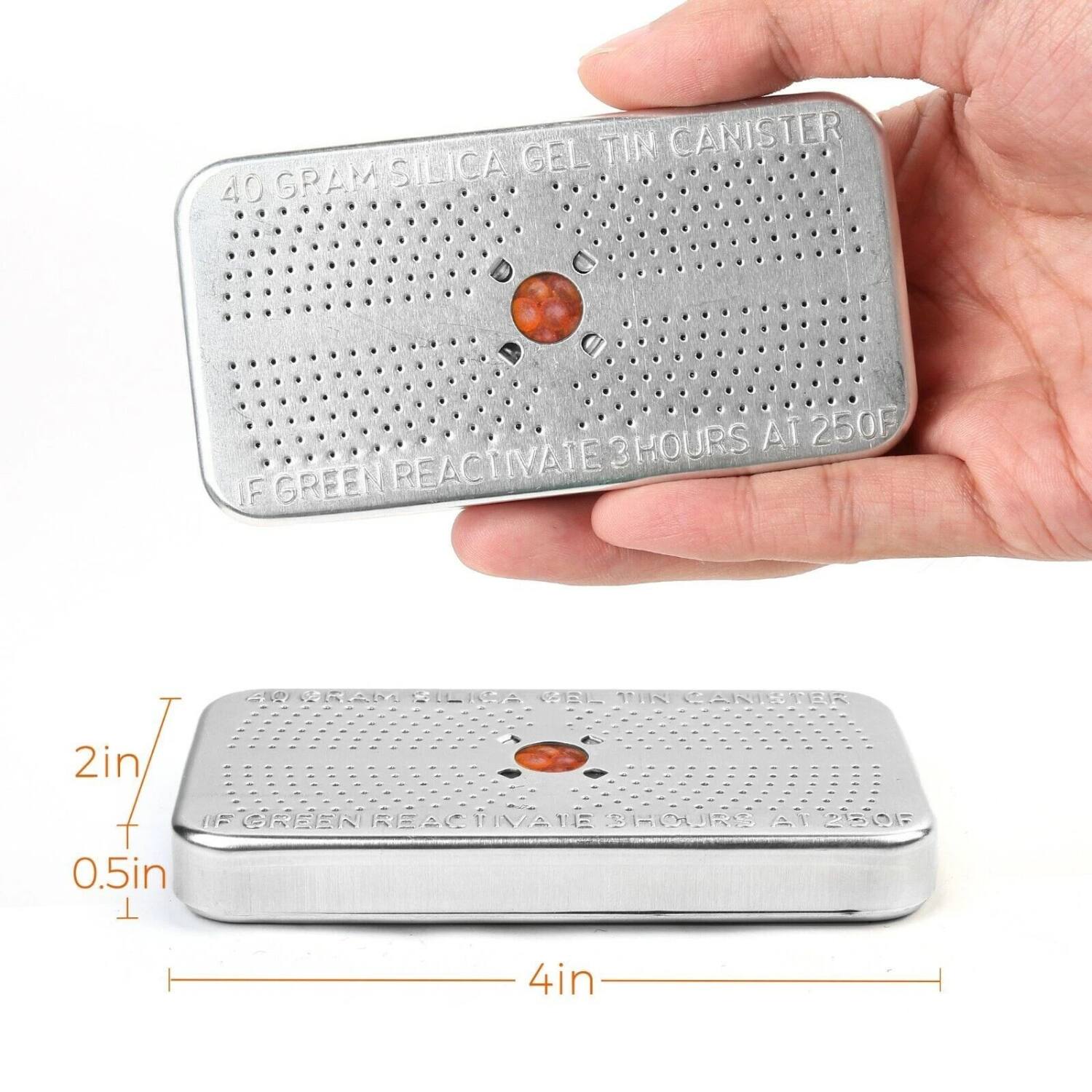 40 GRAM SILICA GEL TIN CANISTER  
IF GREEN REACTIVATE 3 HOURS AT 250F  

2in  
0.5in  
4in