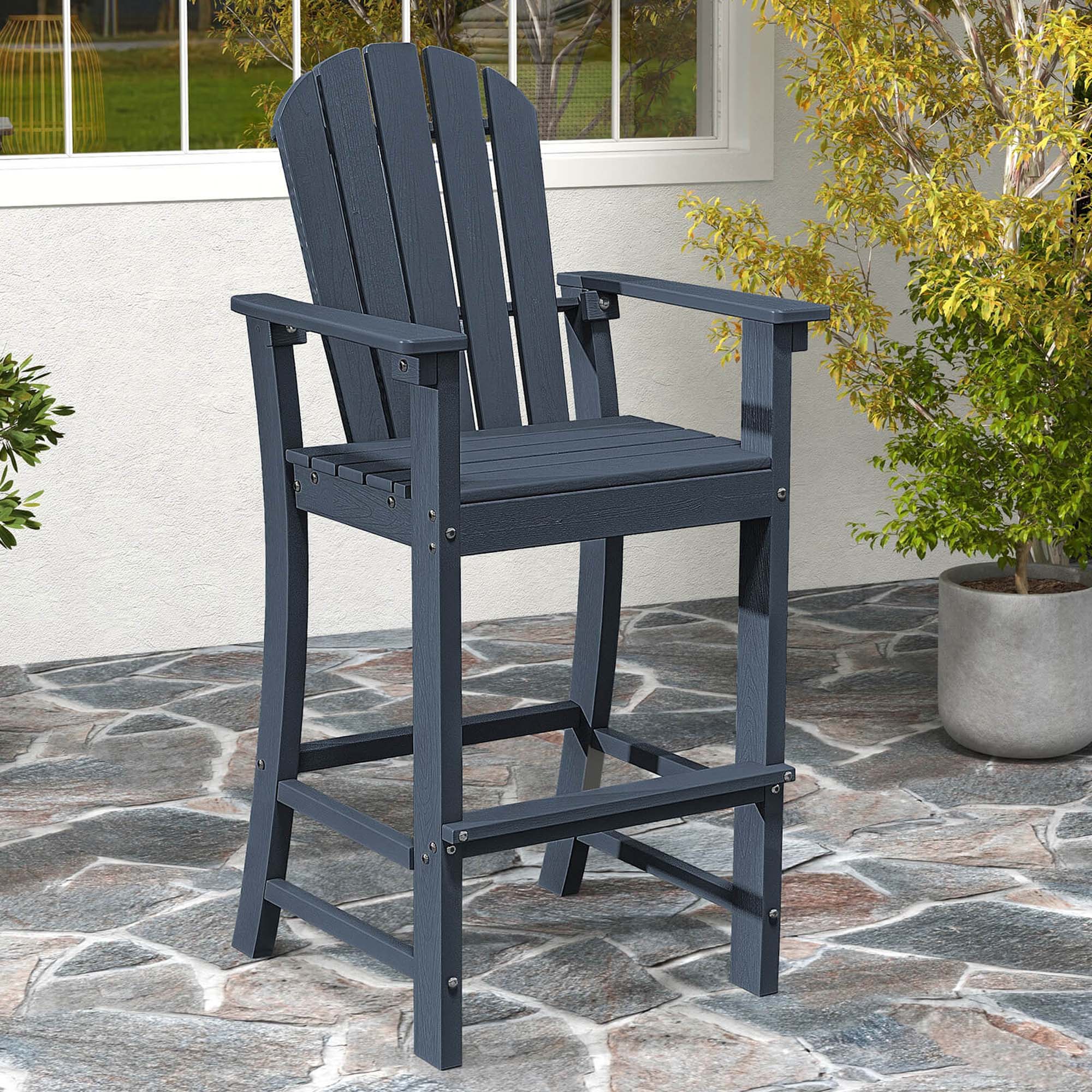 Back. Costway - Outdoor HDPE Bar Height Stool Patio Tall Chair Armrest Footrest All Weather - Navy.