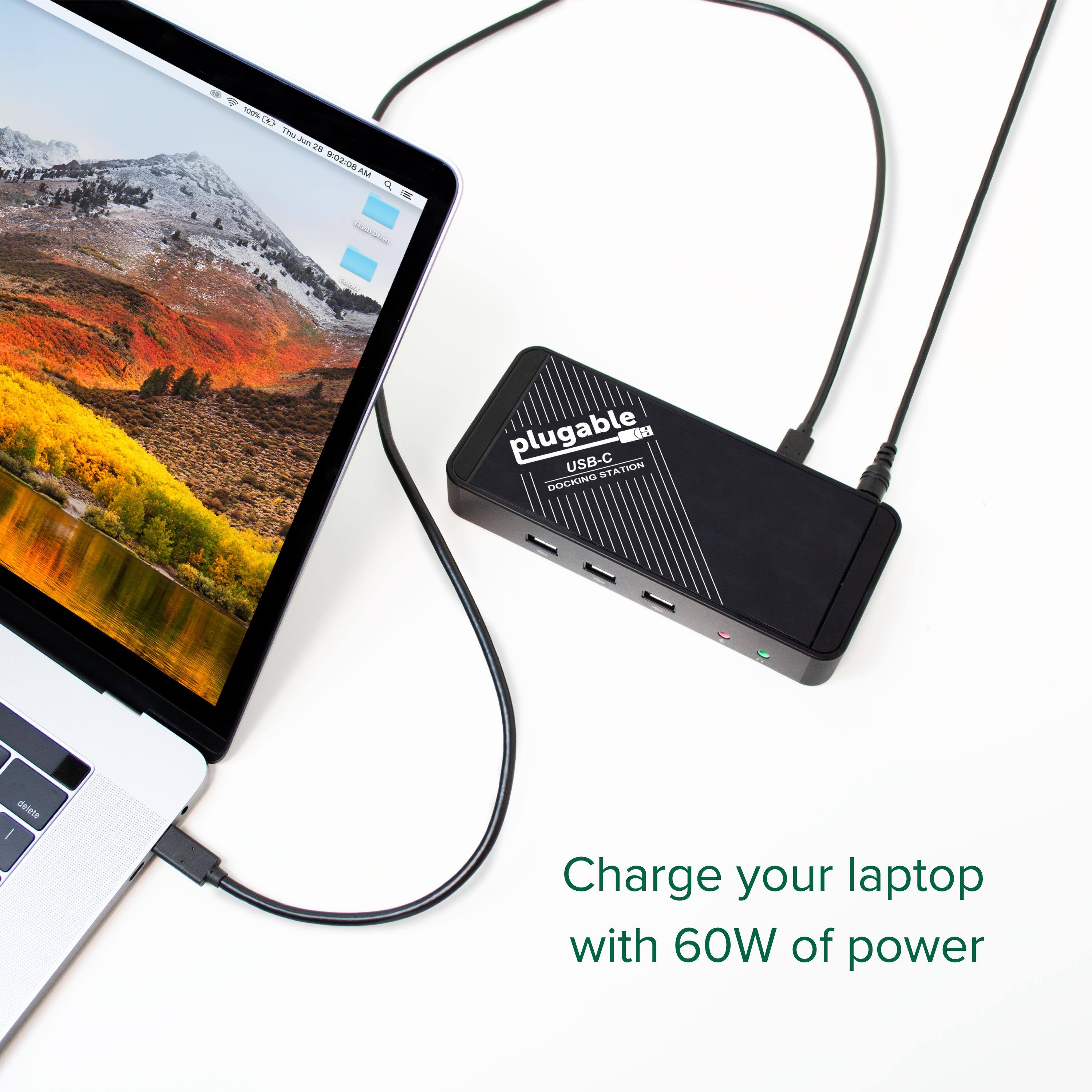 + n0 1hJmn26 Ema Jun 28 02:06 AM a = boddaces plugable USB-C DOCKING STATION Charge your laptop with 60W of power