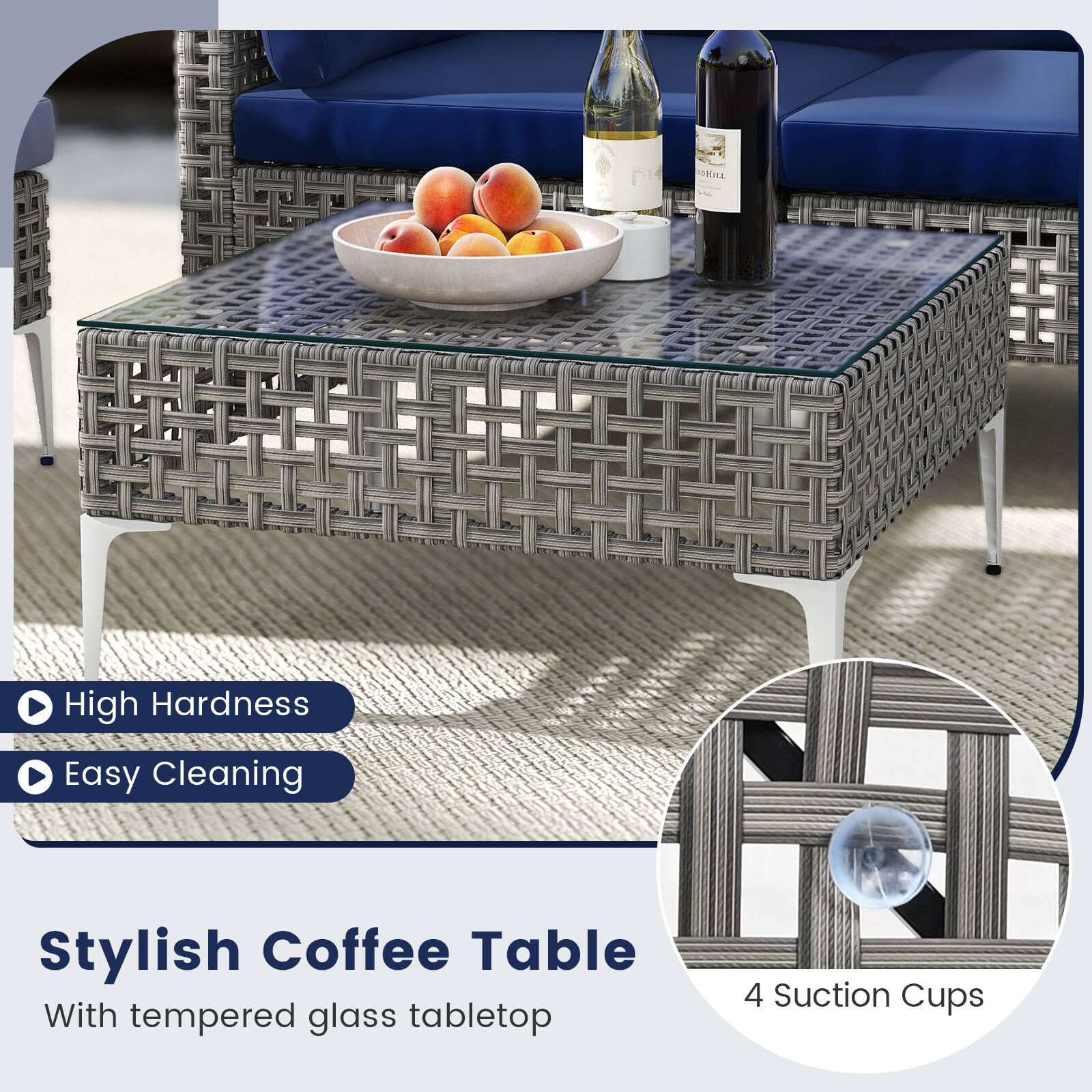 Stylish Coffee Table  
With tempered glass tabletop  

High Hardness  
Easy Cleaning  

4 Suction Cups