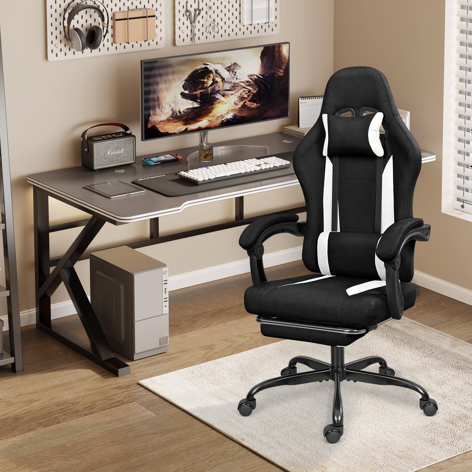 Alt View 1. Hirose Alice - Breathable Fabric Gaming Chair with Footrest, Height Adjustable Game Chair, Video Gaming Chair for Gaming R... - Beige/Black.