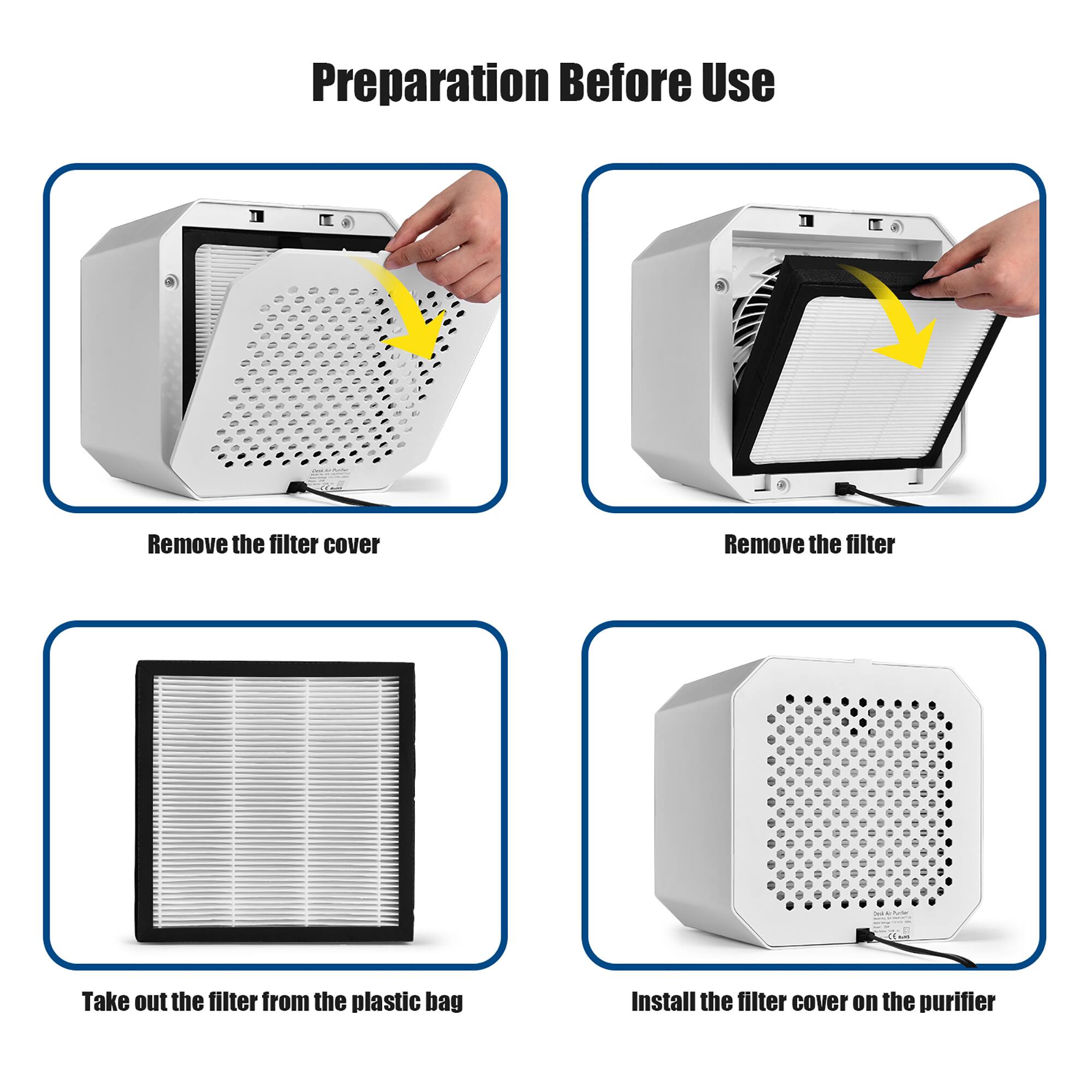 Preparation Before Use

1. Remove the filter cover
2. Remove the filter
3. Take out the filter from the plastic bag
4. Install the filter cover on the purifier