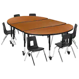 Flash Furniture - Emmy Mobile 76" Oval Wave Flexible Laminate Activity Table Set with 12" Student Stack Chairs, Oak/Black - Brown