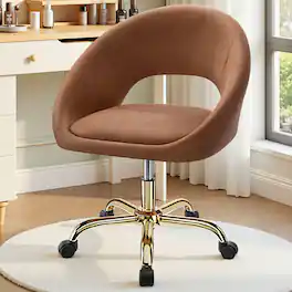 KERDOM - Vanity Chair with Back & Wheel, Smooth Tech Fabric & Wide Cushion Home Office Chair, Makeup Chair Breathable Hollow Back - Brown