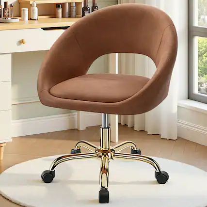 Front. KERDOM - Vanity Chair with Back & Wheel, Smooth Tech Fabric & Wide Cushion Home Office Chair, Makeup Chair Breathable Hollow Back - Brown.