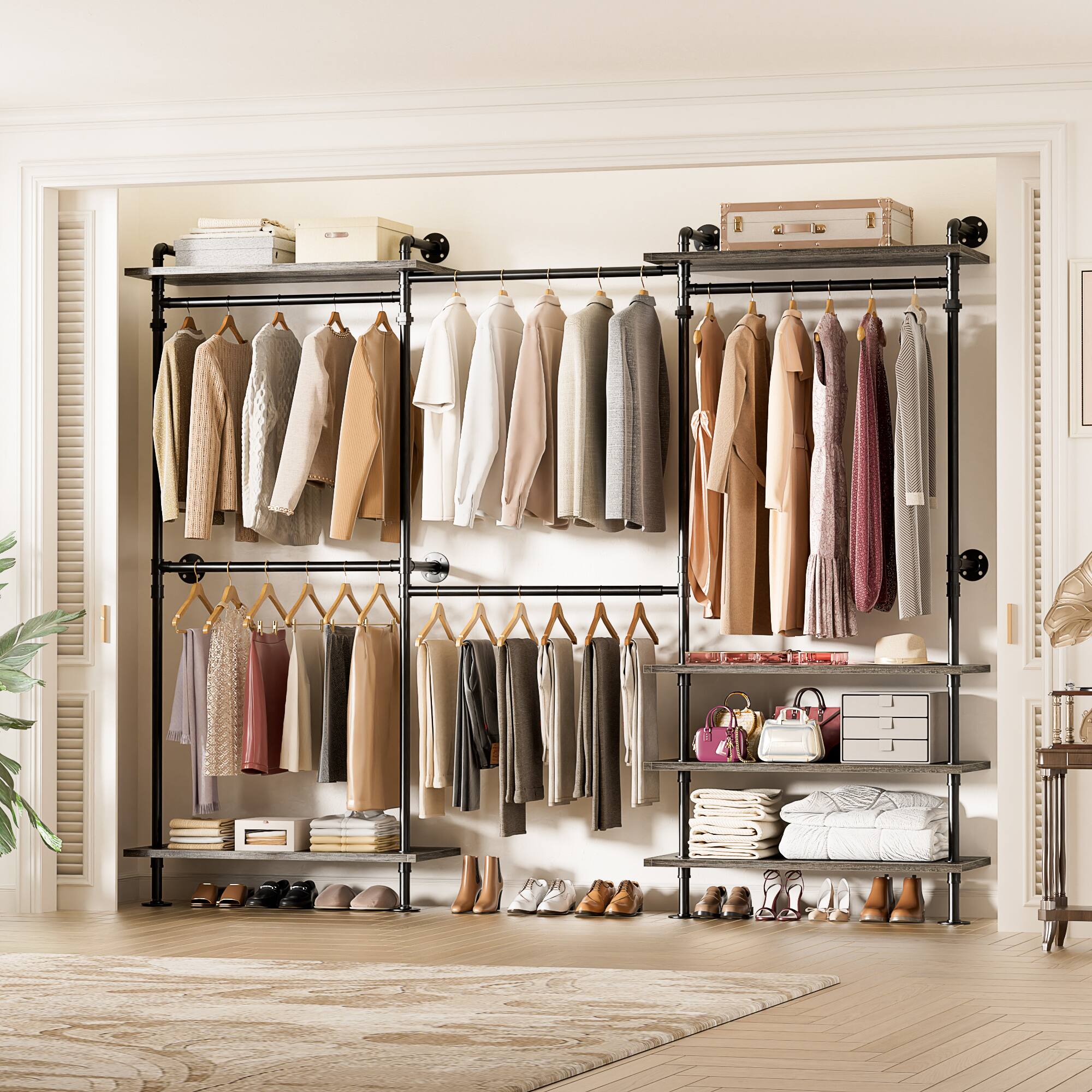 Alt View 2. Aheaplus - Wall-Mounted Pipe Clothing Rack with Shelves, Width Adjustable Garment Rack, L-Shaped/Straight Reversible - Gray Oak.