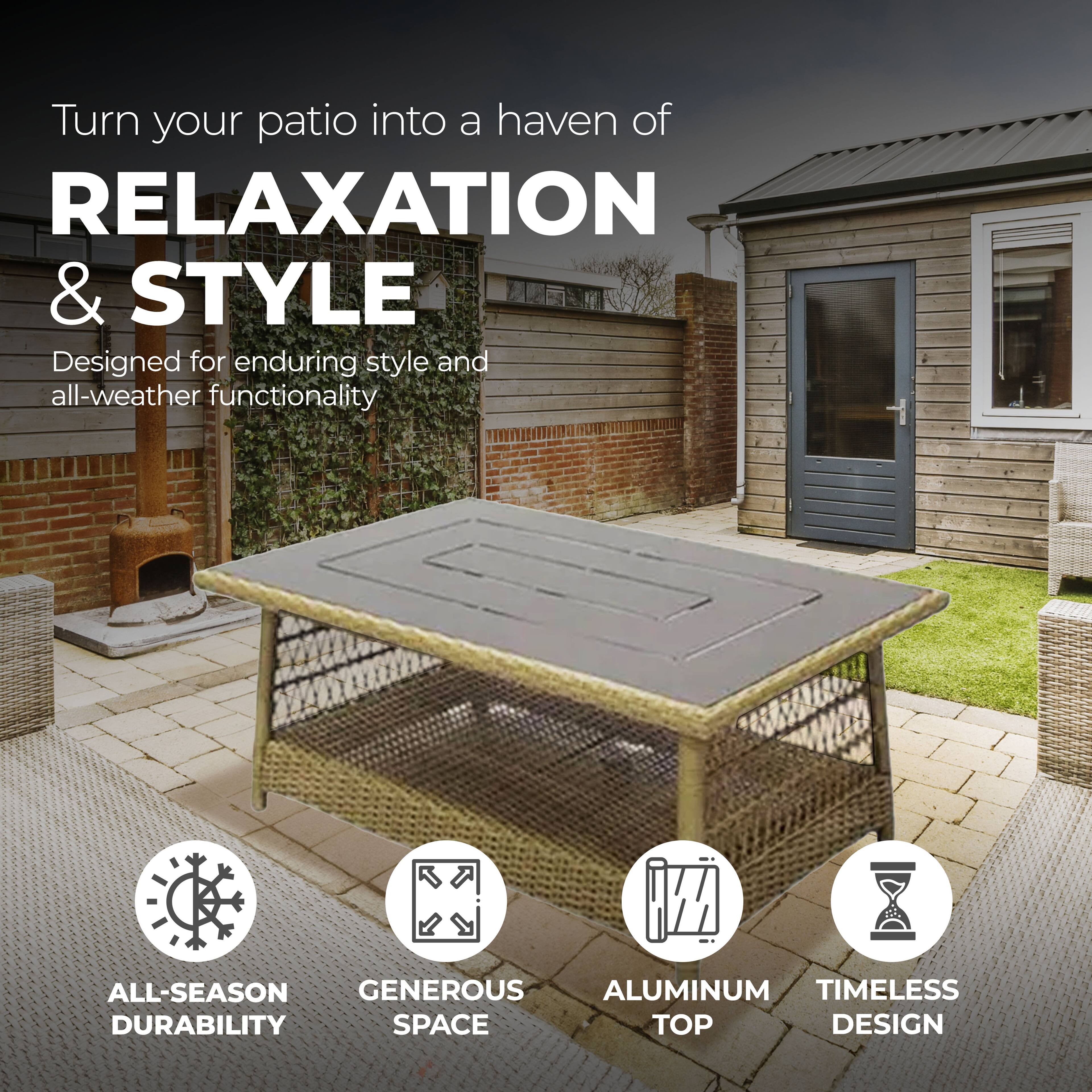 Turn your patio into a haven of RELAXATION & STYLE  
Designed for enduring style and all-weather functionality  

ALL-SEASON DURABILITY  
GENEROUS SPACE  
ALUMINUM TOP  
TIMELESS DESIGN