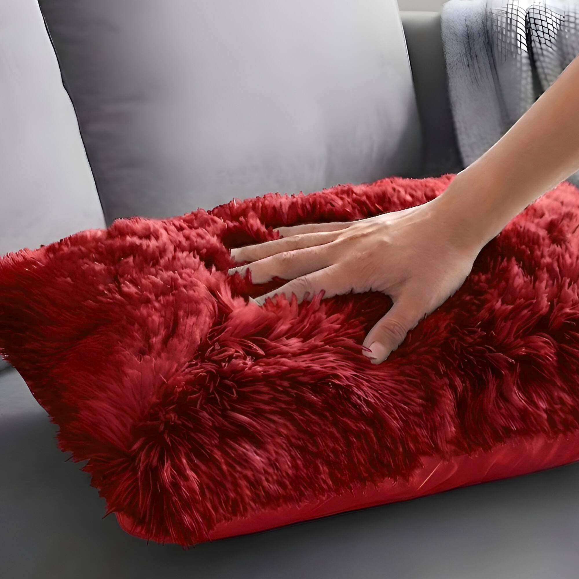 Left. Cheer Collection - Plush Shaggy Long Hair Faux Fur Lumbar Accent Pillows with Inserts, 12 x 20 in, Set of 2 - Maroon - Maroon.