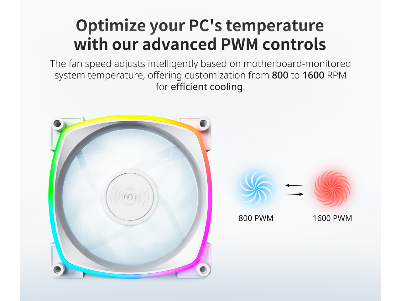 Optimize your PC's temperature with our advanced PWM controls

The fan speed adjusts intelligently based on motherboard-monitored system temperature, offering customization from 800 to 1600 RPM for efficient cooling.

800 PWM 1600 PWM