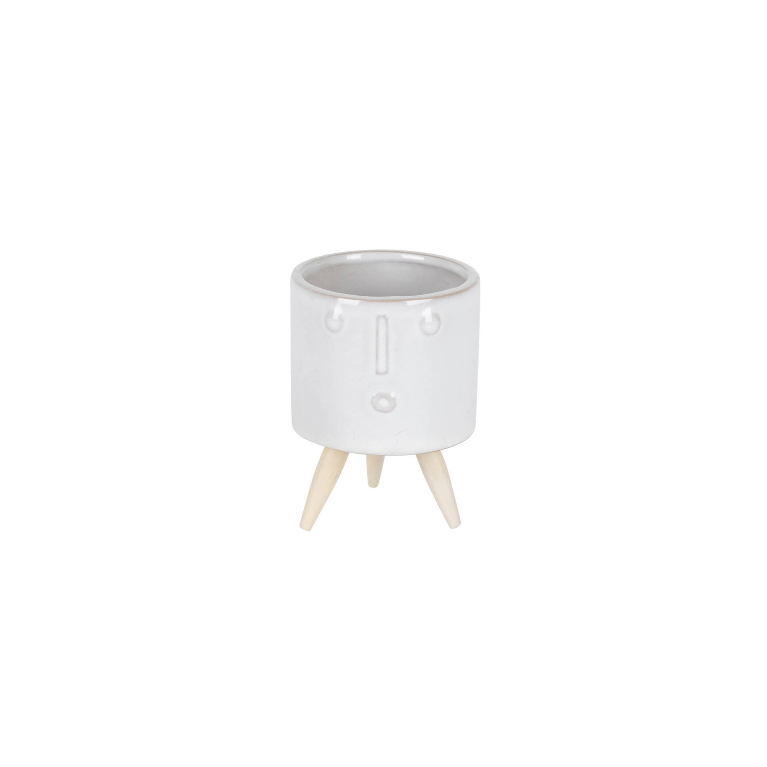 Alt View 2. BreeBe - Porcelain Face Planter with Wooden Legs (Set of 3) - White, Brown.