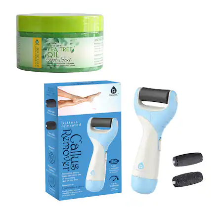 The text in the image can be grouped and corrected as follows:
1. **Product 1:**
- "Tea Tree Oil Foot Soak"
- "Paraben Free"
- "Sulfate Free"
- "Natural Ingredients"
2. **Product 2:**
- "Battery Operated Callus Remover"
- "Innovative device that takes the chore out of smoothing the feet."
- "Eliminates calluses simply and quickly."
- "Includes 2 rollers and 2 brushes"
- "Up to 3000 RPM"
- "1000 g/min"
3. **Brand:**
- "PUSONIC"
This text describes two products: a foot soak and a callus remover device, both from the brand PUSONIC.