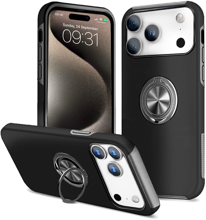 Entronix - iPhone 17 Pro Max Case with 360° Kickstand and Dust Protection - Black