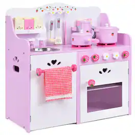 Costway - Kids Wooden Play Set Kitchen Toy Strawberry Pretend Cooking Playset Toddler - Pink&White
