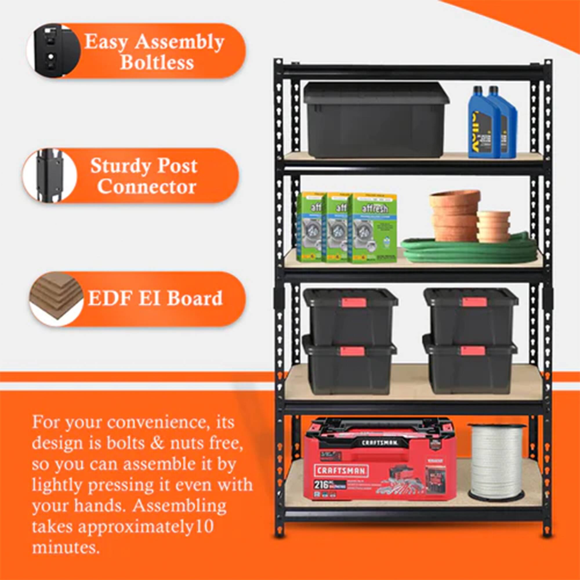 Easy Assembly Boltless  
Sturdy Post Connector  
EDF EI Board  

For your convenience, its design is bolts & nuts free, so you can assemble it by lightly pressing it even with your hands. Assembling takes approximately 10 minutes.  

CROFTIMAN CRAFTSMAN 216