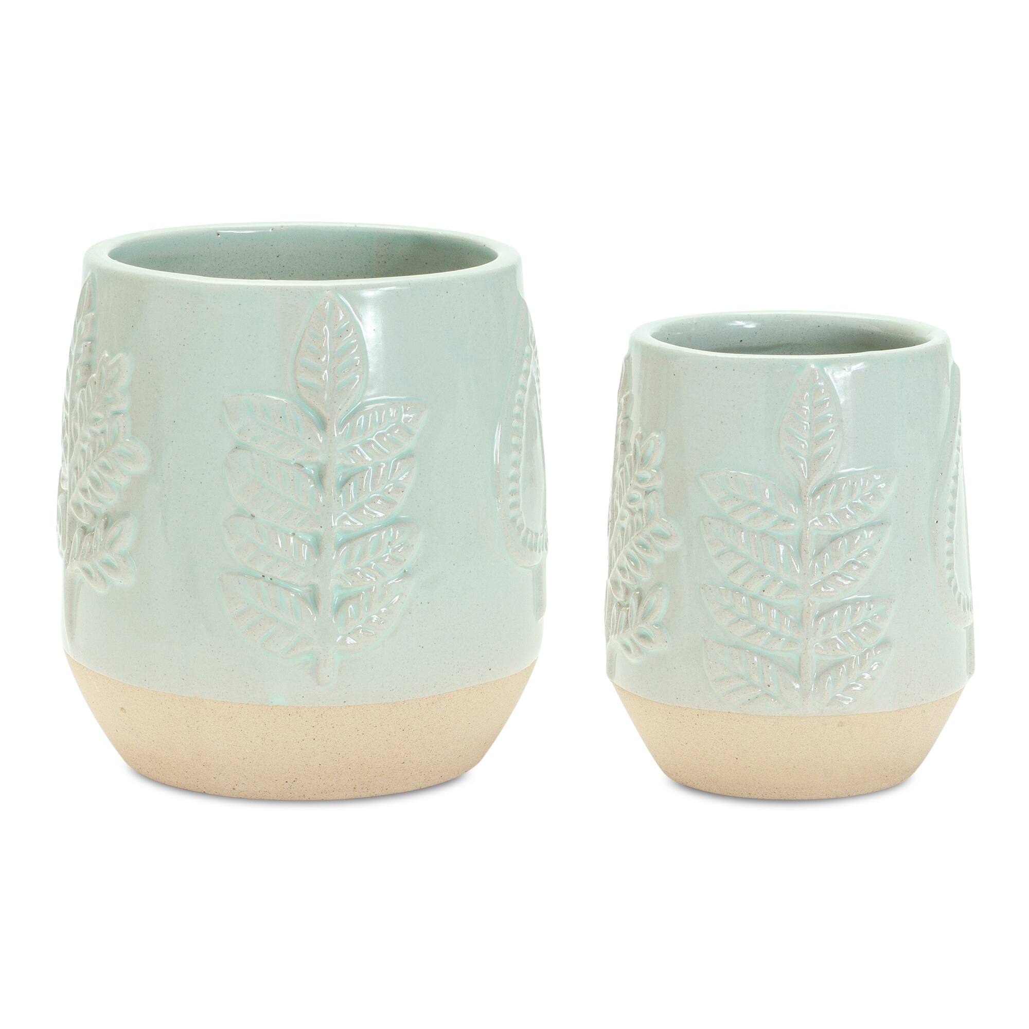 Angle. BreeBe - Two-Tone Porcealin Planter with Leaf Design (Set of 2) - Green, Tan.