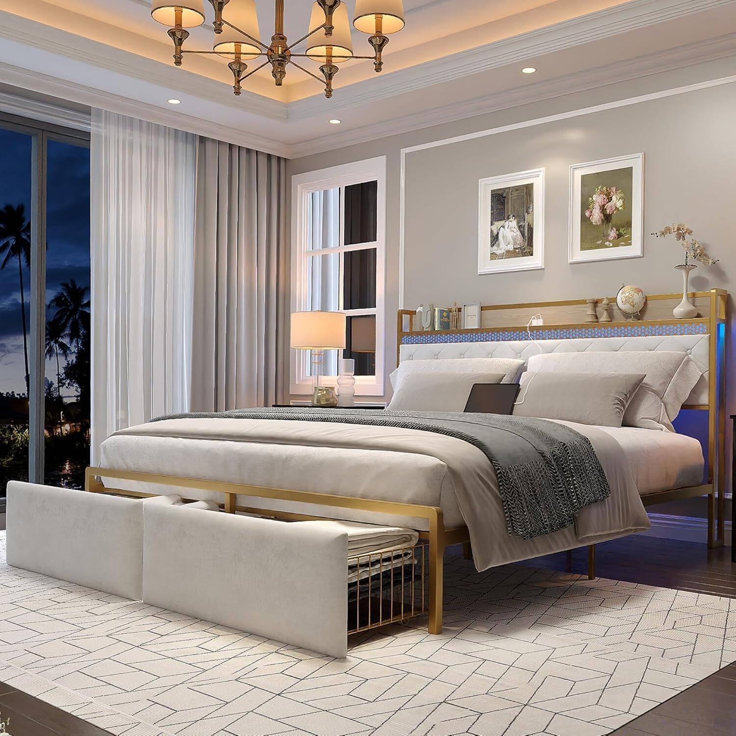 Alt View 2. GARVEE - Metal Platform Bed with Storage Headboard, 2 Drawers, LED Light & Charging Station, No Box Spring Needed - White.