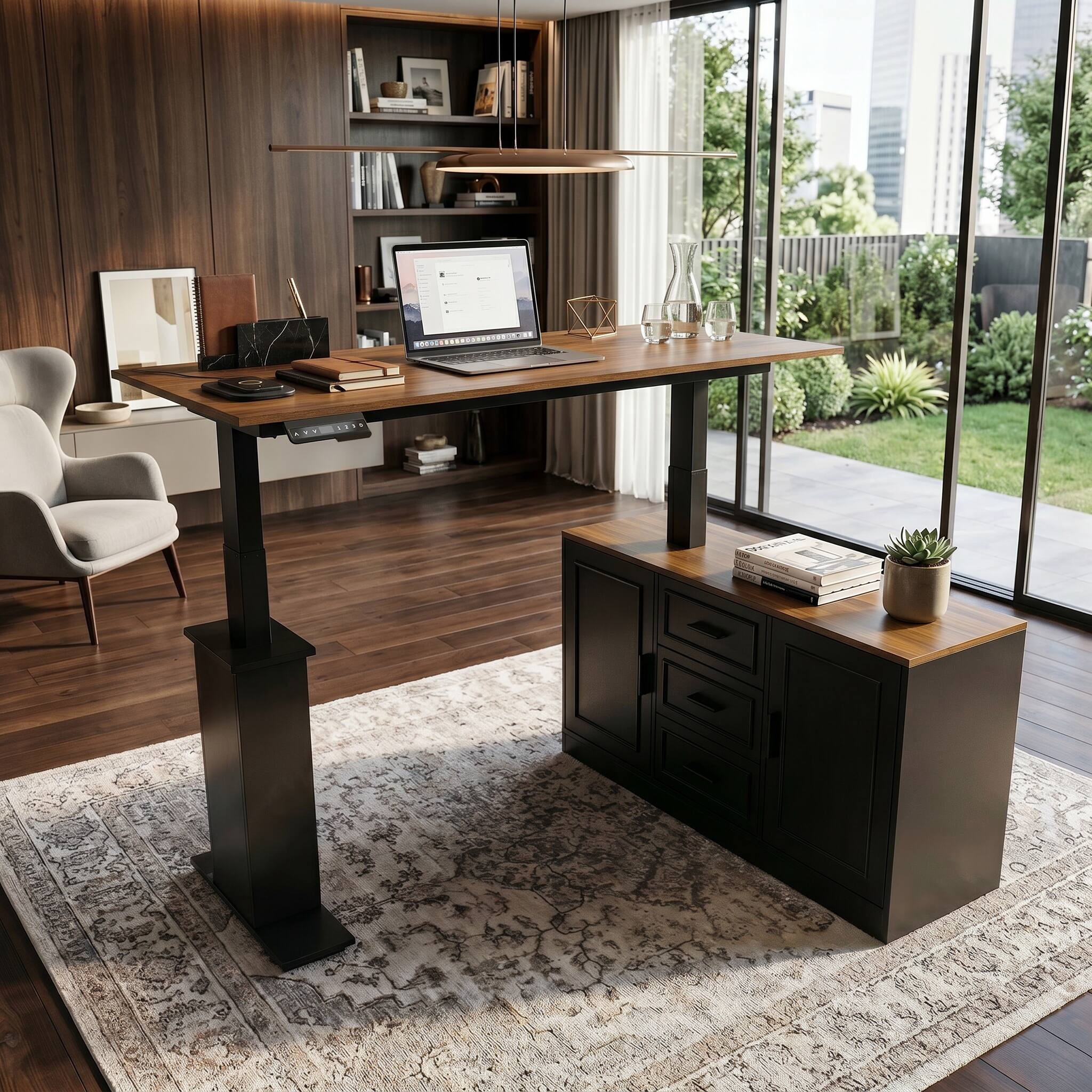 Alt View 1. Famapy - Electric Standing Desk with Storage Cabinet, 55.1" Adjustable Height Workstation, 150 LBS Capacity, Rustic Industrial - Walnut & Black.