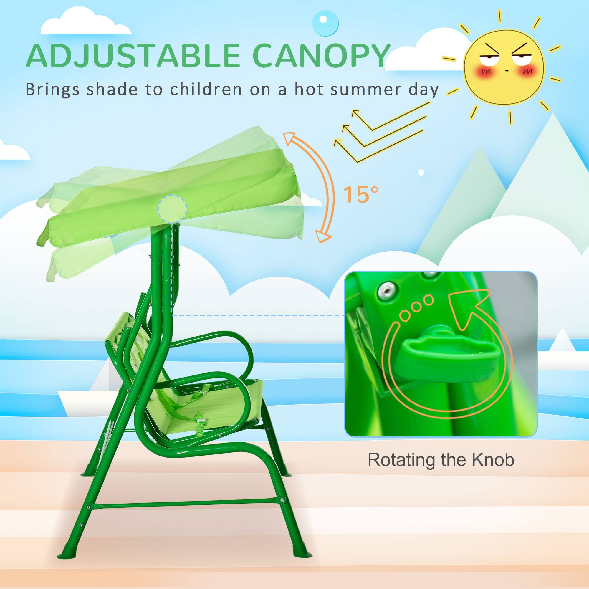 ADJUSTABLE CANOPY  
Brings shade to children on a hot summer day  

15°  

Rotating the Knob