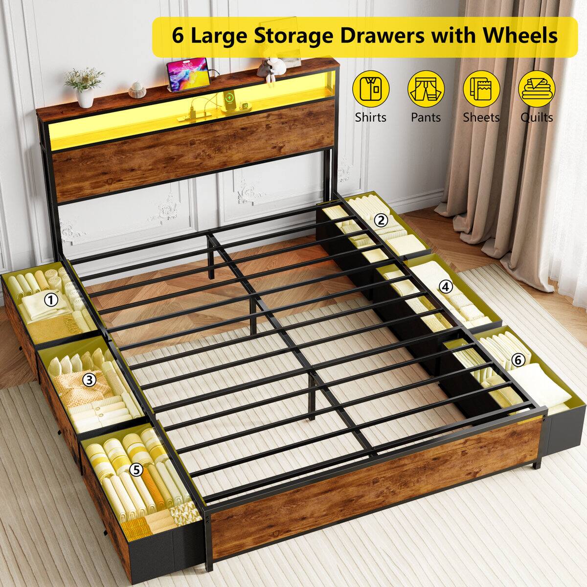 6 Large Storage Drawers with Wheels

Shirts Pants Sheets Quilts

1 2 3 4 5 6