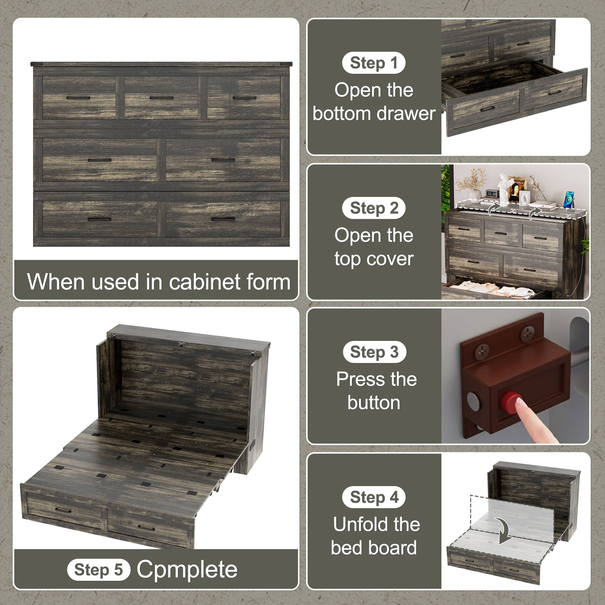 Step 1  
Open the bottom drawer  

Step 2  
Open the top cover  

Step 3  
Press the button  

Step 4  
Unfold the bed board  

Step 5  
Complete  

When used in cabinet form