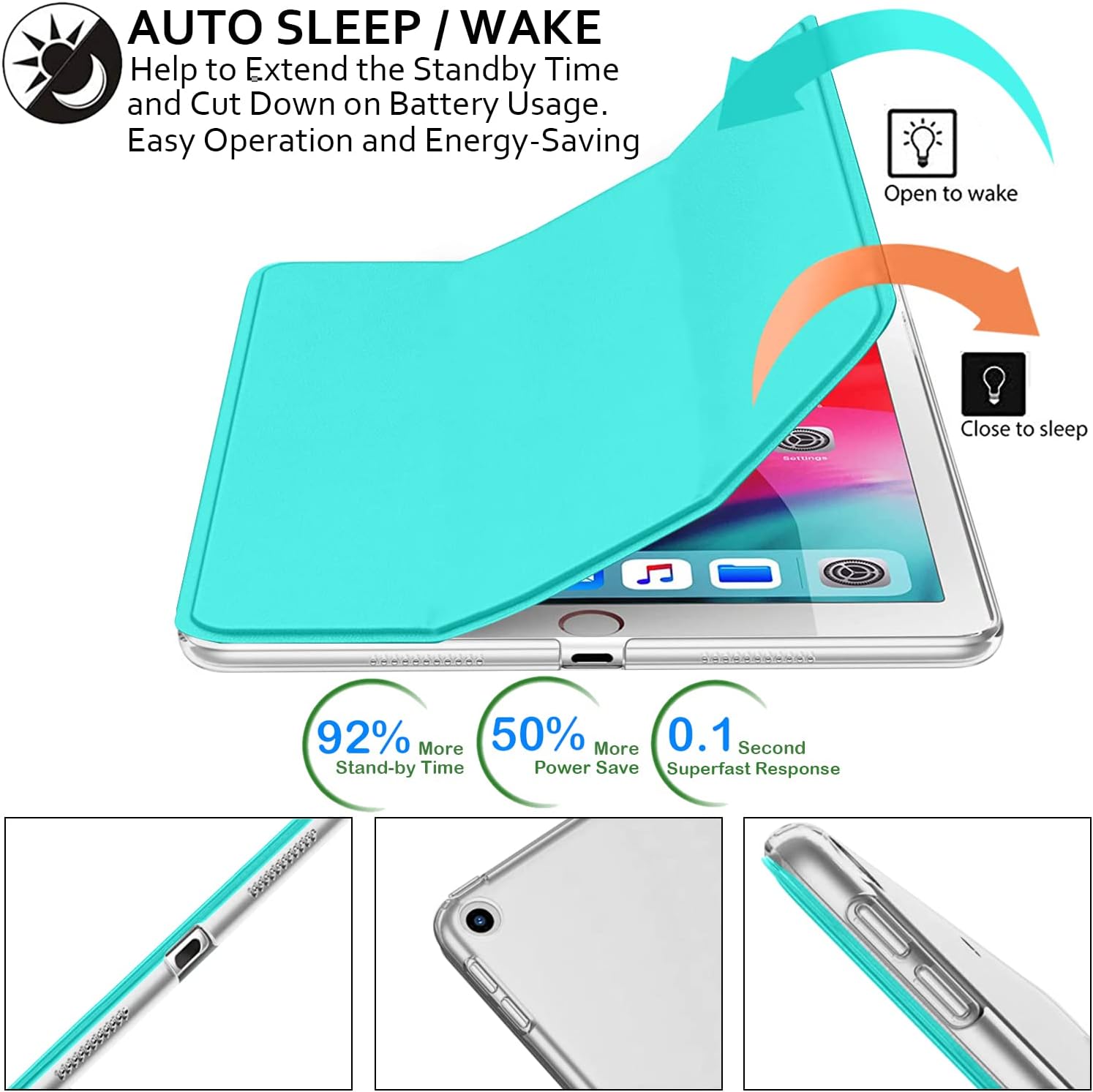 AUTO SLEEP / WAKE  
Help to Extend the Standby Time and Cut Down on Battery Usage. Easy Operation and Energy-Saving

Open to wake  
Close to sleep

92% More Stand-by Time  
50% More Power Save  
0.1 Second Superfast Response