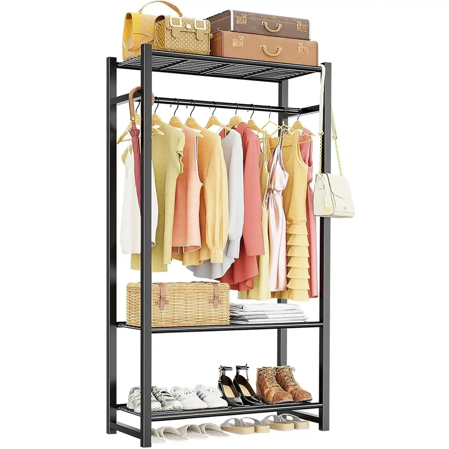 Hirose Alice - Double Clothes Rack for Hanging Clothes 35 to Expandable Rod Rolling Garment Clothing Rack with Mesh Shelf - Black Portable Closet