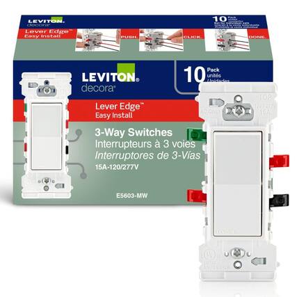 LEVITON decora - Lever Edge Easy Install PUSH. CLICK Pack 10 units n 1E01 SOr nsvus sase iniecs a la veme indivedisene Prohrbida La venta indtevidual DONE. Pack TOP LEVITON 10 units Unidades 120(1729 decora OOALY DOT 15A Lever Edge ACONLY Easy Install 3-Way Switches Interrupteurs 3 voies Interruptores de 3-Vias 15A-120/277V TOP 120/277V 15A VL JSTES E5603-MW LEVITON 0 UL US LISTED SWITCH JRLW