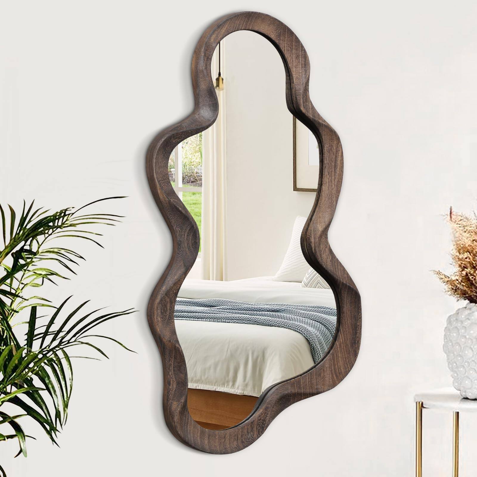 Front. Dapper Styles - Asymmetrical Mirror Large Irregular Wall Modern Wood Frame Artistic Mirrors Cute And Stylish Cloud Wavy Dec... - Vintage Brown-30"L x 14"W.