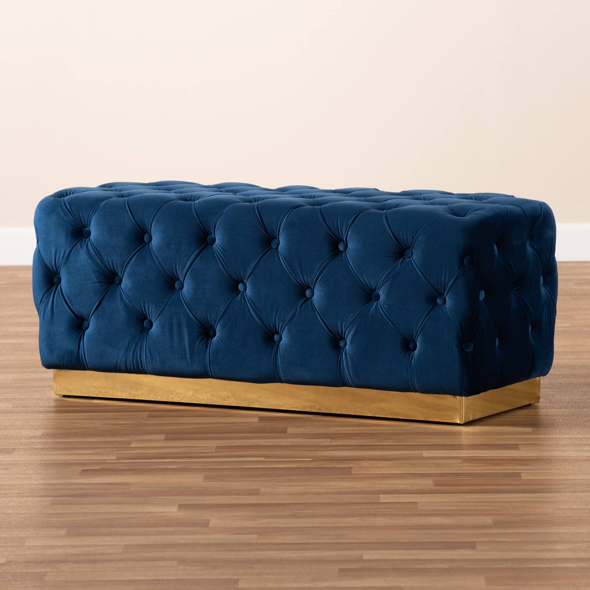Alt View 2. Baxton Studio - Corrine Glam and Luxe Velvet Fabric Upholstered and Gold PU Leather Ottoman - Navy blue/gold.