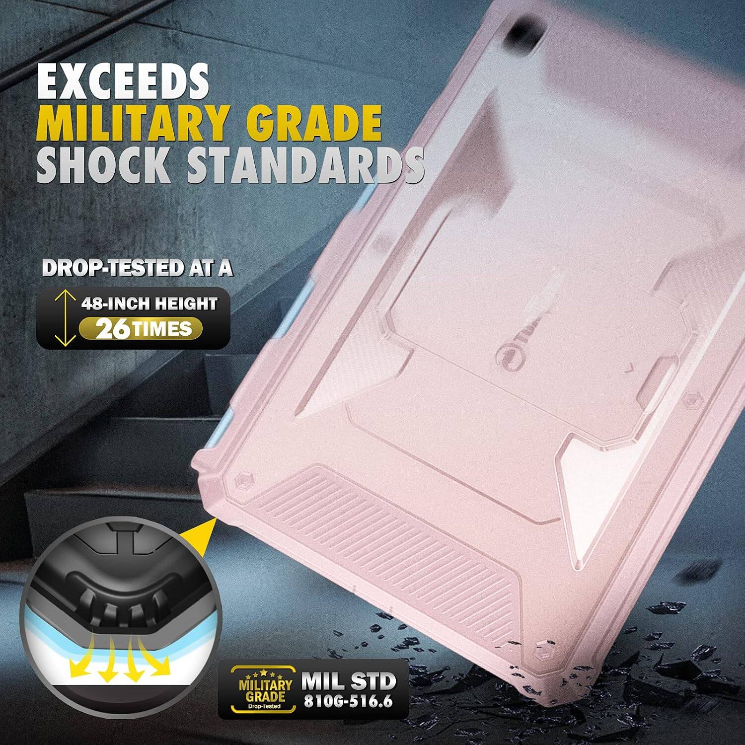 EXCEEDS MILITARY GRADE SHOCK STANDARDS

DROP-TESTED AT A 48-INCH HEIGHT 26 TIMES

MILITARY MIL STD GRADE 810G-516.6 Drop-tested