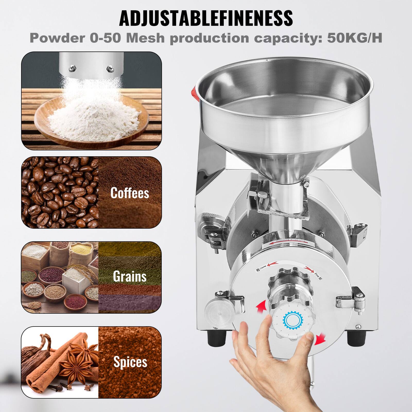 ADJUSTABLE FINENESS  
Powder 0-50 Mesh production capacity: 50KG/H  

Coffees  
Grains  
Spices