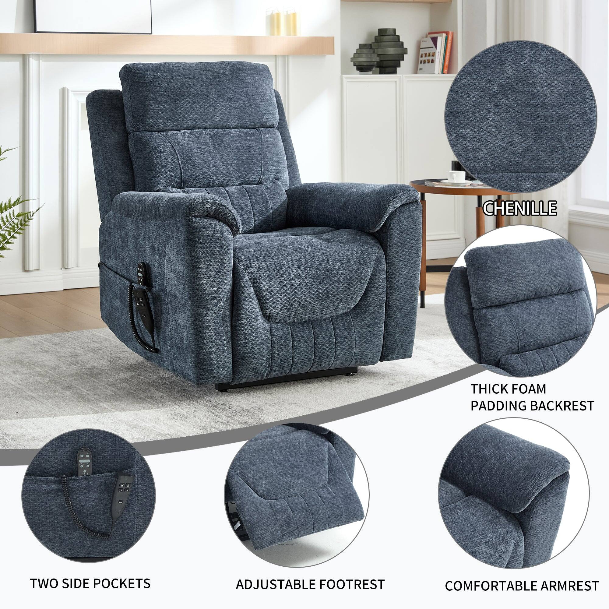 - Chenille
- Thick Foam Padding Backrest
- Two Side Pockets
- Adjustable Footrest
- Comfortable Armrest
