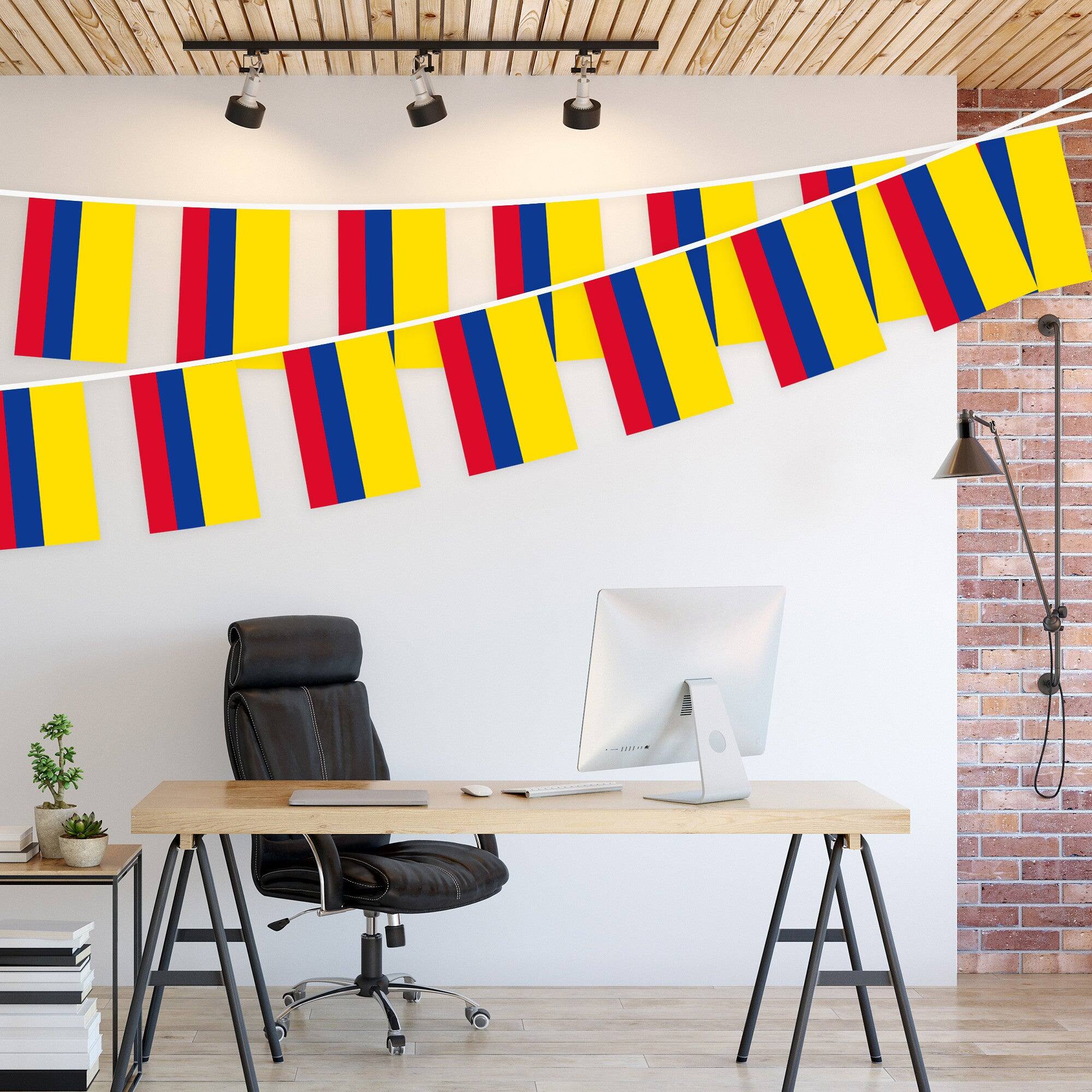 Left. G128 - Colombia Bunting Banner, 33 ft String with 8.2 x 5.5 in Mini Flags - Assorted Colors.