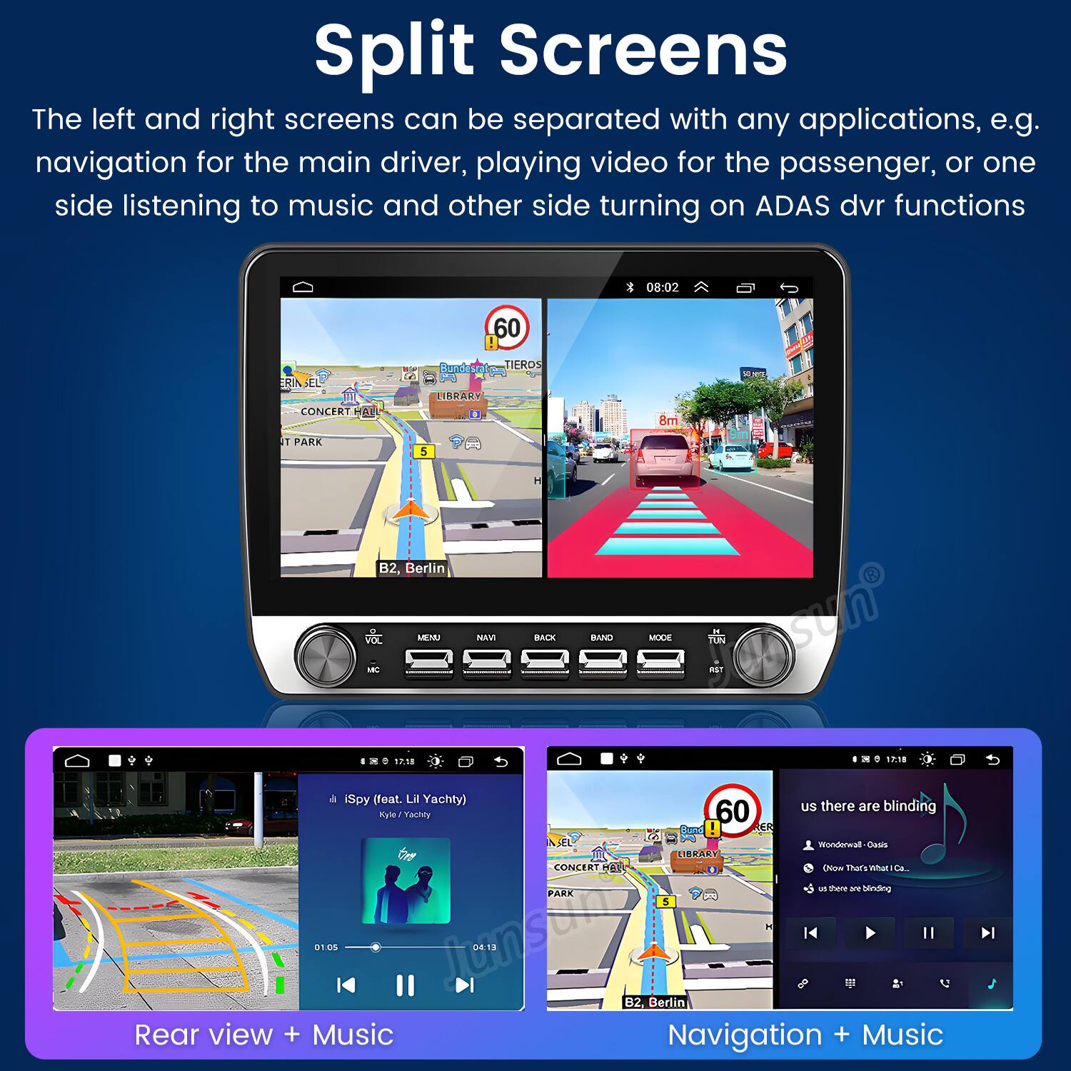 Split Screens

The left and right screens can be separated with any applications, e.g. navigation for the main driver, playing video for the passenger, or one side listening to music and other side turning on ADAS dvr functions

Rear view + Music

Navigation + Music