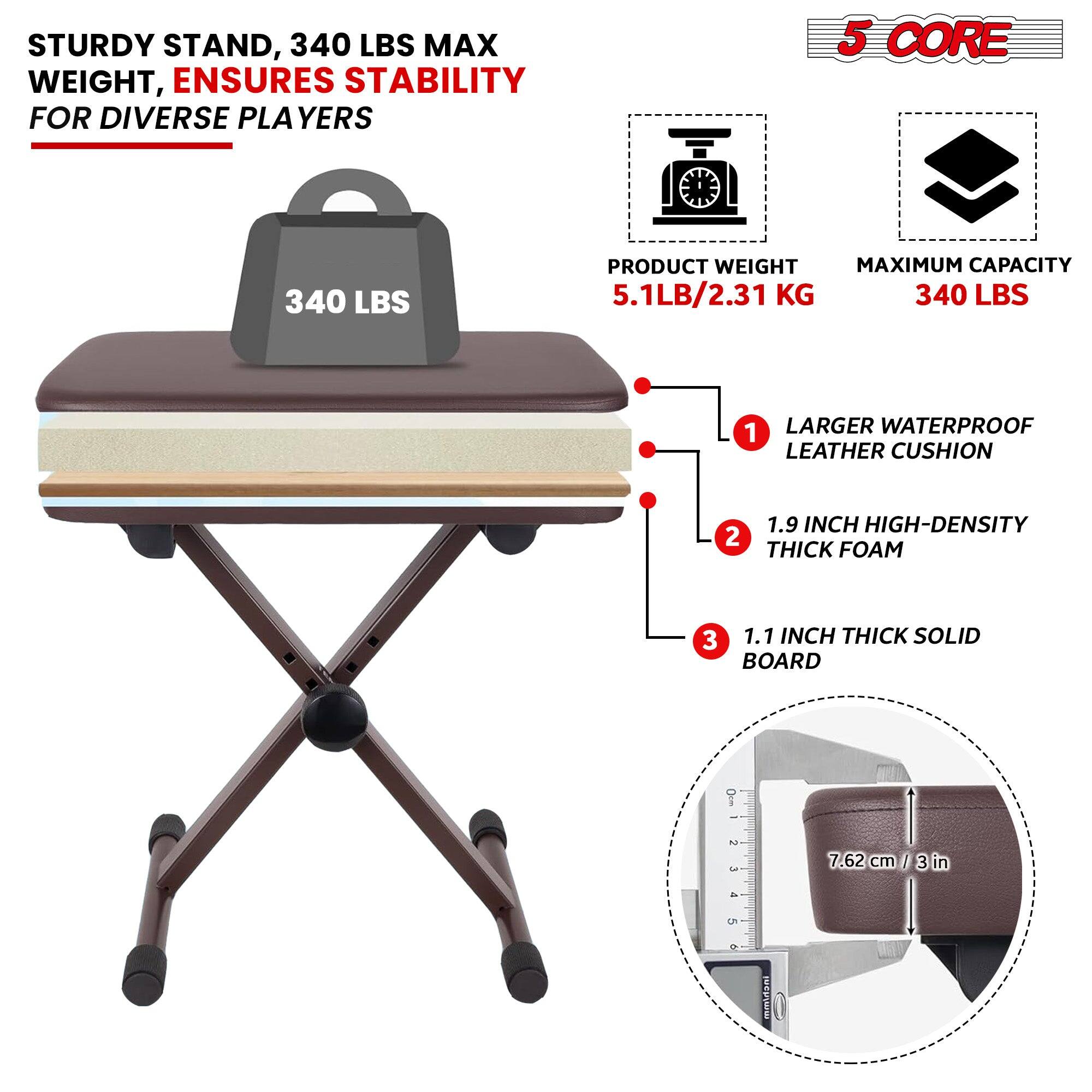 STURDY STAND, 340 LBS MAX WEIGHT, ENSURES STABILITY FOR DIVERSE PLAYERS
5 CORE
PRODUCT WEIGHT 5.1LB/2.31 KG
MAXIMUM CAPACITY 340 LBS
1 LARGER WATERPROOF LEATHER CUSHION
2 1.9 INCH HIGH-DENSITY THICK FOAM
3 1.1 INCH THICK SOLID BOARD
7.62 cm / 3 in